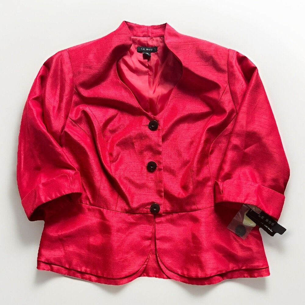 NWT Le Bos Jacket Blazer Short Red Peplum 3/4 Sleeve Womens Size 14W Holiday